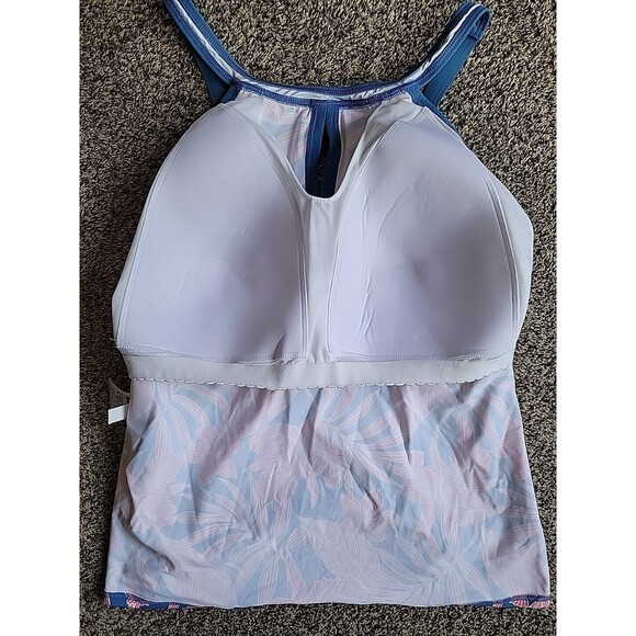 Swim Top Floral 18 DDD Halter Tankini Blue Coral Padded Bra Lands End XL S488 - Picture 6 of 8
